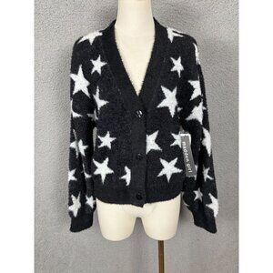 Madden Girl Juniors' Star Print Novelty Eyelash Button-Front Sweater Black M NWT
